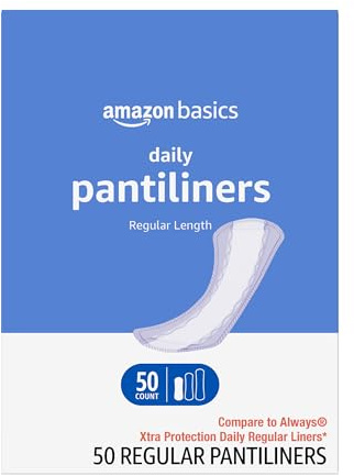 Amazon Basics Daily Pantiliner, Regular Length, Thin Absorbent Feminine Pads for Women, Unscented, 50 Count (Previously Solimo)