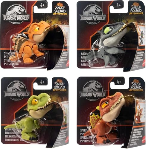 Jurassic World Snap Squad Attitudes - Juego de figuras para mayores de 4 años: Spinosaurus, Mosasaurus, Tyrannosaurus Rex, Stegosaurus