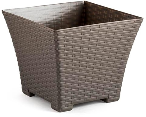 Acan Tradineur - Maceta Rattan Cuadrada de Plástico - Fabricado en España - Ideal para Plantas, hogar, jardín y terrazas - 25 cm - Color Marrón Topo