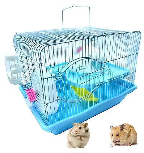 MUYG 2-Tier Portable Hamster Cage and Habitats, Travel Metal Mouse Cages with Free Water Bottle, Houses and Exercise Wheel for Any Breed of Hamster and Small Animal (14.6x11.0x11.8inch Blue)