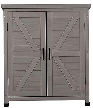 AIRWAVE Wooden Garden Storage Tool Shed | Outdoor Weatherproof Utility Cupboard Cabinet for Tools, Cushions, Toys | Functional Internal Shelves | Magnetic Latch | Fir Wood (92cm High) | Grey