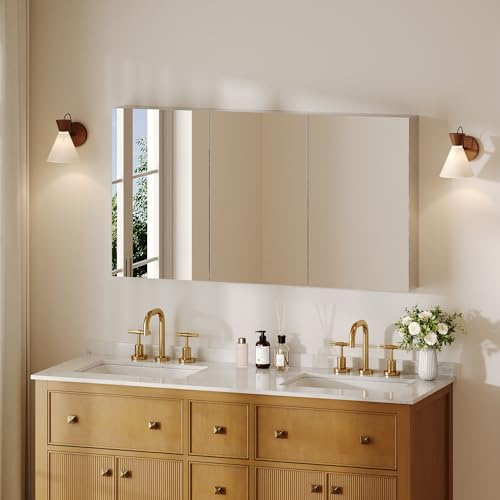 DeerValley Medicine Cabinet with Mirror, 48 W x 26 H Bathroom Mirror with Storage, 3 Doors Frameless Modern Wall Mount Mirrored Medicine Cabinets with 2 Adjustable Shelves DV-1MC0149