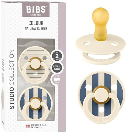 BIBS Colour Studio Soother 2-Pack, BPA Free Dummy Pacifier, Round Nipple. Natural Rubber Latex, Made in Denmark, Size 2 (6-18 Months), Pin Ivory Steel Blue
