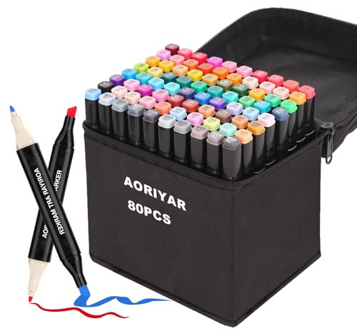 Aoriyar Marker Stifte 80 Farben, Alkohol Kunst Marker Färben Künstler Stifte Dual Tip Marker Stifte Set für Erwachsene Studenten Manga Skizze Zeichnen Skizzieren Unterstreichung Illustration Malerei