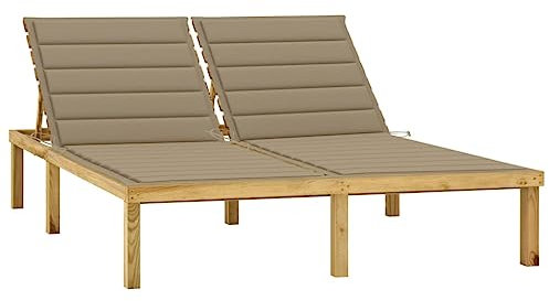 Homgoday Doppel-Sonnenliege mit Beigen Auflage Gartenliege Relaxliege Strandliege Balkonliege Verstellbare Rückenlehne Freizeitliege für Garten Terrasse Balkonn Kiefer Imprägniert