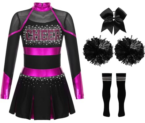 Yruioon 4 pezzi da ragazza Cheer Leader Costume a maniche lunghe da cheerleading abito da cheerleading con pompon calzini per capelli con brillantini, abito da ballo, Halloween, Carnevale, costume A,