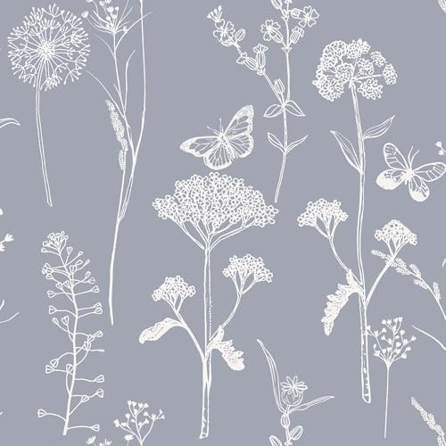 Timeet Self Adhesive Wallpaper Grey and White 44x300CM Peel and Stick Wallpaper Floral Butterfly Sticky Back Plastic Wallpaper Vinyl Wrap for Bedroom Living Room Wall Cabinet