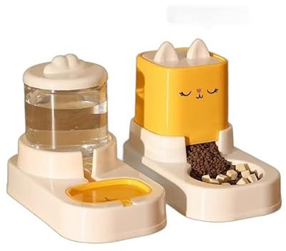 Belijoeuri, dispenser crocchette gatto,distributore cibo gatti, dispenser di cibo e irrigazione, 2 ciotole con erogatore d'acqua 2,2 l + 1,8 l (giallo)