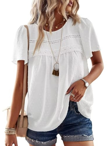 TUUHAW Camiseta Mujer con Cuello Redondo Boho Blusa Manga Corta Verano Tops | Elegante Túnica, Volantes Plisada Encaje, Casual Ropa, Suelto Camisa, Bordado Cómodo Ropa, Color Liso, Informal Camisetas