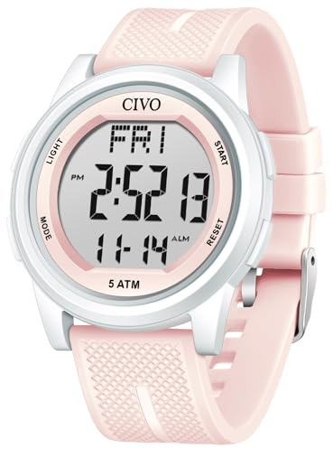 CIVO Digital Watches for Women Waterproof: Pink Sports Watch with Stopwatch Timer and Calendar for Outdoor Activities & Travel