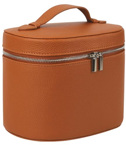 Neceser Maquillaje de Cuero PU Impermeable, Neceser Viaje para Mujer Grande, Estuche Maquillaje Portátil, 21 x 14,5 x 16,5cm Organizador Cosméticos con Divisor Desmontable y Doble Cremallera (Marrón)