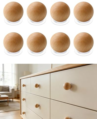 CcHhyyt Lot de 8 boutons de tiroir auto-adhésifs en bois naturel à décoller et à coller, sans perçage, boule ronde en bois pour placard, chambre d'enfant, commode