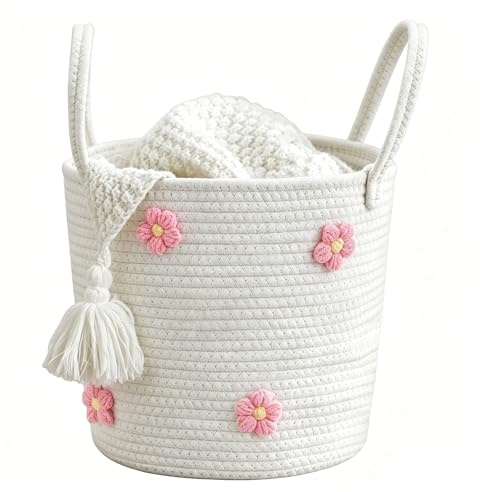 Toy Storage Baskets Woven Cotton Rope Storage Basket with Flowers Pattern, Baby Laundry Basket with Handle, Blanket Basket Living Room, Versatile Toys Organizer for Gifts Hamper, Bedroom, Playroom