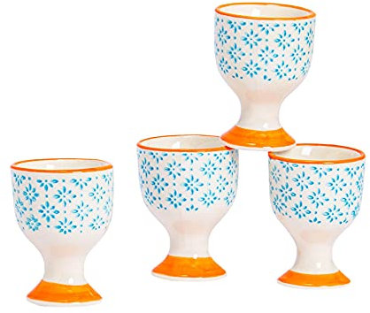 Nicola Spring Porcelain Breakfast Egg Cups - Blue/Orange Pattern Print - 54x73mm - Pack of 4