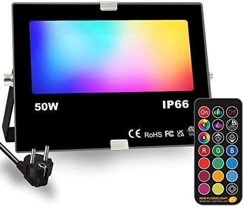 Led Strahler Außen, Farbwechsel 50W, DIY-Blitzmodus, RGB Led Fluter 12 Farben, Timer, Fernbedienung inklusive, IP66 wasserdicht