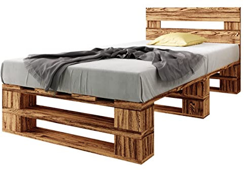 sunnypillow Palettenbett M2 aus Holz 80 x 200 cm mit Kopfteil und Lattenrost Stabiles Holzbett Seniorenbett Kinderbett erhöhtes Einzelbett Bettgestell Futonbett Komforthöhe Geflammt