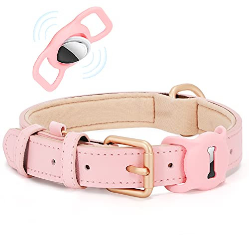 WHIPPY AirTag Hundehalsband Leder Verstellbares AirTag Halsband Leder mit Gepolstert und Metall Schnalle Klassisches Weiches Air Tag Hundehalsband für Welpe Kleine Mittel Große Hunde Rosa,XS