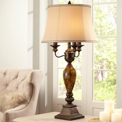 Kathy Ireland Mulholland Traditional Vintage 3-Way Table Lamp with Brown USB Charging Dimmer Cord 37 Tall Bronze Golden Marbleized White Bell Shade for Living Room Bedroom House Bedside