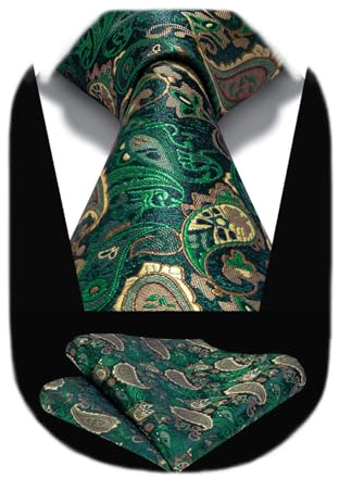 HISDERN Green Ties for Men Paisley Mens Tie Pocket Square Woven Classic Floral Tie Handkerchief Set Tuxedo Wedding Formal Necktie Emerald Forest Green