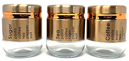 plastific Pack of 3 Contemporary Tea Coffee and Sugar Storage Set Jars Canisters With Satin Stainless Steel Lid, Kitchen Storage Caddy Containers Tins with Rubber Seal (Copper and Clear - D2)
