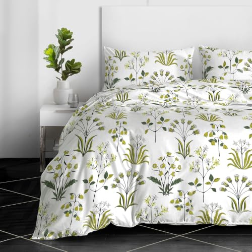 RAYBedding 3PCS Duvet Set 100% Egyptian Cotton Double Bed Set 400 Thread Count Floral Printed Fern Green Duvet Cover with Pillow Cases 2 Pack