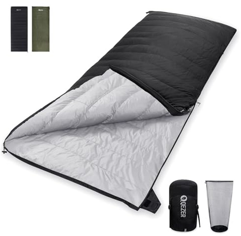 QEZER Sac de Couchage en Duvet Ultra léger - Petit encombrement Une Fois replié - pour Le Camping et Le Trekking - 3 à 4 Saisons - Extérieur et intérieur (Noir -8°C)