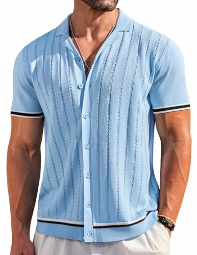 Coofandy Camisa de Punto de Manga Corta para Hombre, Casual, con Botones, Vintage, a Rayas, para Golf, Playa, Azul traslúcido, Medium