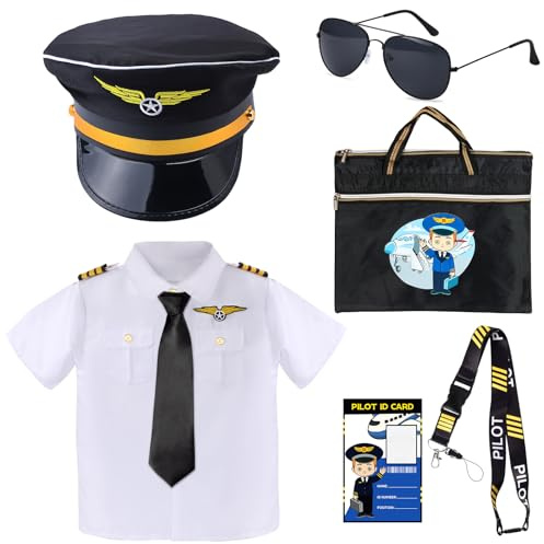 Yewong Kids Pilot Costume Set Airline Uniform Pilot Hat Sunglasses Flight Accessories for Halloween Captain Cosplay (Black Set-140cm)