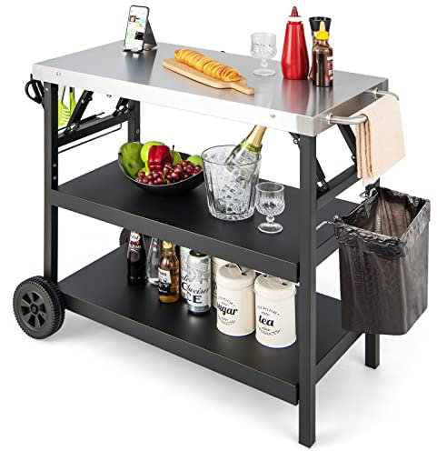 GOPLUS Desserte Jardin,Chariot de Barbecue Mobile à 3 Niveaux, Étagère réglable, Support Porte-épices, Porte-Serviettes, Crochets de desserte pour Barbecue