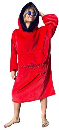 COSYWAVES Poncho surf | poncho da bagno | poncho asciugamano con cappuccio | donna uomo e ragazzi | ultra leggero e ad asciugatura rapida | caldo | traspirante, Colore: rosso, S