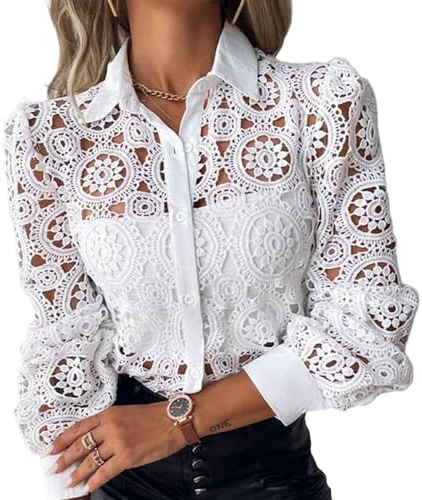 Camisa de retales de Encaje Blanco, Blusa para Mujer, Camisas de Manga Larga sin Forro para Primavera y Verano, Tops Vintage calados a la Moda 2024