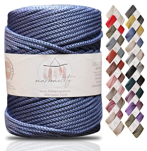 Makromecity makramégarn 5 mm x 95 m, premium polyester, makramésnöre, polypropylen Yarn, pyssel för vägghängningar, axelväska, handväska, löpare, nappkedja, platsplatta (denim, blå)