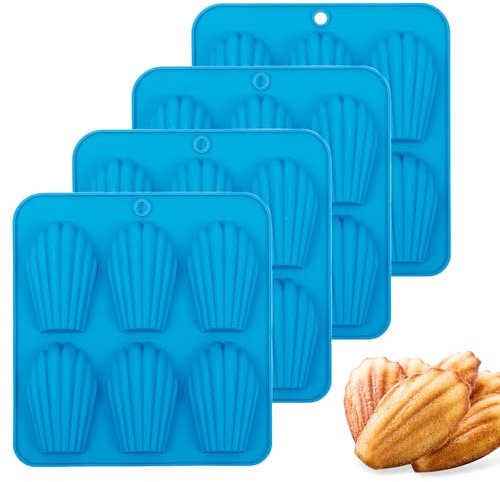 BIGOWL 4 Pack Madeleine Pans for Baking, 6 Cavity Shell Shape Baking Mold Nonstick Cookie Cake Pan for Oven (Blue)