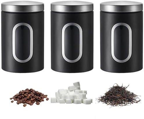 3 Pack Stainless Steel Kitchen Canisters, Canisters Sets for the Kitchen Accessories Stainless Steel Food Container With Secure Lids & Viewing Window Multi Food Storage Jars for Tea Coffee (Black)