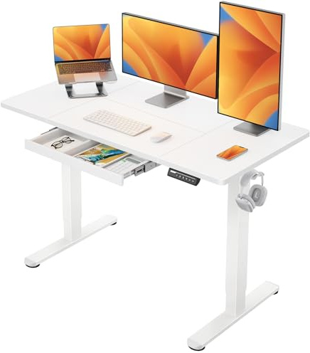 ErGear Mesa Escritorio Elevable 120 x 60 cm, Escritorio Elevable con 4 Memorias Inteligentes & Cajones, Diseño en T para Mayor Estabilidad, Tablero de Mesa con Ensamblaje, Marco y Superficie Blancos