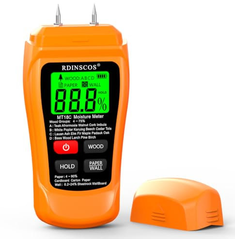 RDINSCOS Pinless Moisture Meter for Walls Non-Destructive Damp Meter with LCD Display Damp Detector for Building Materials, Floors, Firewood, Caravan Use (MT-18)