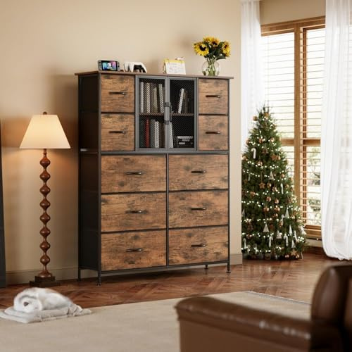 VERMESS Dresser for Bedroom with 10 Fabric Drawers, Tall Chest of Dreawers, Storage Organizer Closet, Wooden Top, Metal Frame, Mesh Door, Rustic Brown