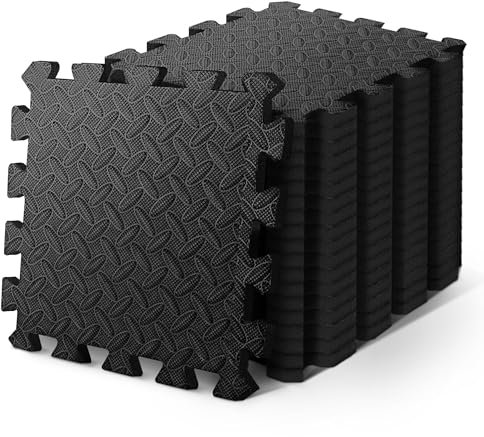 KAYMAN 8 Pack Gym Foam Mats, Nonslip Interlocking Floor Mats, EVA Foams Exercise Gym Mat for Home Workouts, Studio, Weights, Exercise & Yoga, Protective Foam Floor Tiles for Garage, 8 Pack Black
