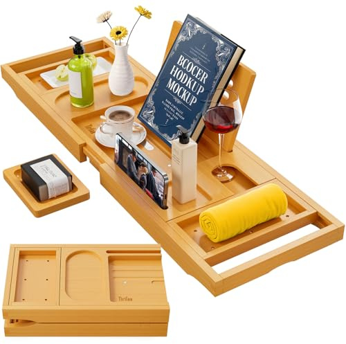 Yirilan Premium Bathtub Tray Caddy, Expandable Bath Tray, Foldable Premium bath caddy, New Home, Anniversary and Wedding Gifts for Couple, Bridal Shower Gift for Women, Fits Most Bath Sizes