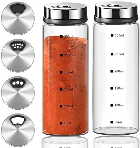 Aieraczy 2 Pcs Salt Pepper Shaker, 300ml Salt Shaker with Adjustable Pour Holes, Spice Shaker, Glass Spice Jar with Shaker lids, Salt Cellar Salt Container Salt Dispenser for Seasoning Kitchen
