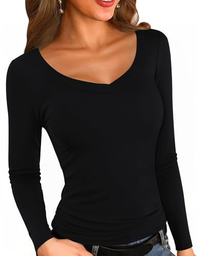 Aottori Maglia Termica Donna Manica Lunga Costine Maglietta con Scollo a V Elegante Basic Tops Tinta Unita Sottogiacca Caldo Cotone Slim Fit Nero L