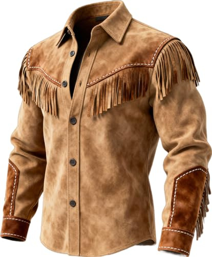 Chaqueta Camisa De Ante Sintética con Flecos Westerns para Hombre Abrigo Retro De Manga Larga y Botones