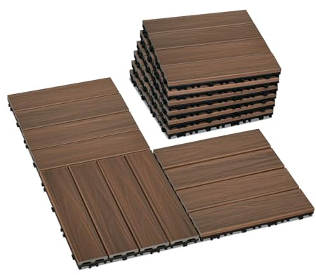 Skypatio Interlocking Deck Tiles 9 PCS, 12 x 12 All-Weather Plastic-Wood Outdoor Patio Flooring Tiles for Indoor, Balcony, Porch, Backyard, Poolside & Garden (Teak Color)