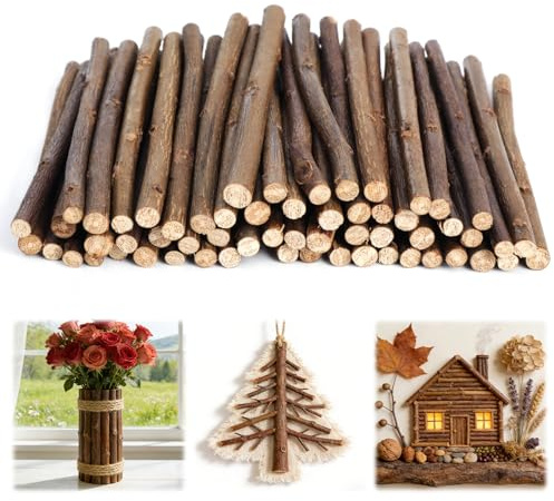 60 stycken trästavar för pyssel, träpinnar för pyssel med bark, rund träpinne, trä för pyssel för pyssel, gör-det-själv heminredning, modellbygge