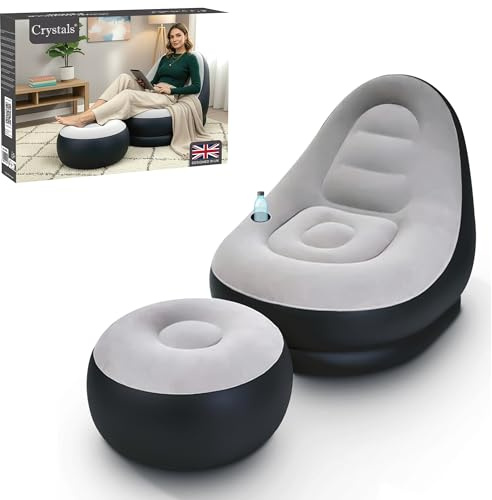 Crystals Deluxe Inflatable Lounger Chair Stool – Inflatable Seat & Foot Rest for Indoor Outdoor Use, Portable Blow Up Lounger Ottoman Couch Seat for Camping, Garden, Beach & Home
