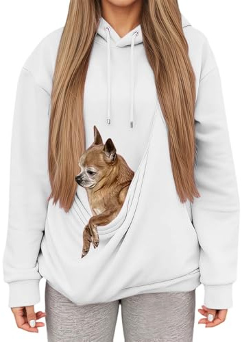 Sweat à Capuche Femme avec Grande Poche Kangourou Fonctionnelle,Pull de Transport pour Chat et Chien,Sweatshirts pour Amoureux des Animaux domestiques (White, XL)