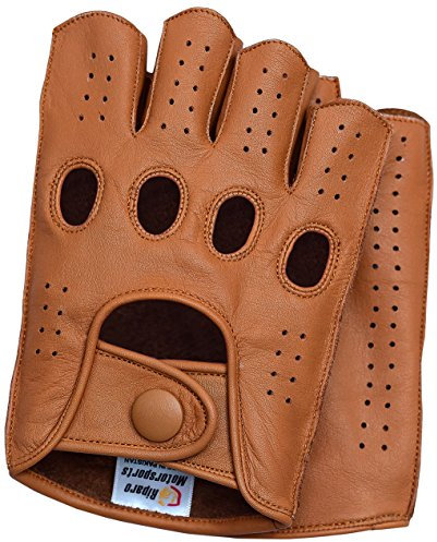 Riparo Men’s Fingerless Leather Driving Gloves – Genuine Cowhide Half-Finger Motorcycle Gloves – Reverse Stitched Vintage Motorsport Style – Breathable Classic Motoring Gloves (Medium, Cognac)