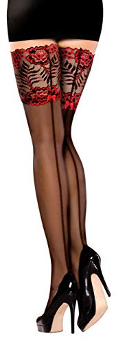 PrettyLoveHose Bas Noir Couture Dentelle Motif Floral Rouge (Voile, Résille) Auto-fixant Silicone (Voile), Couleur rouge/noir, Taille unique
