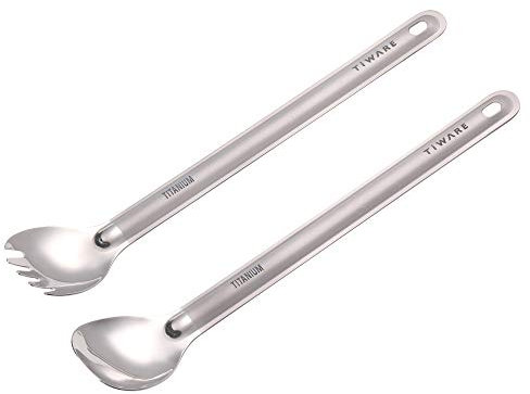 Lot of 2 Titanium Long Handle Spoon & Spork (2 in 1 spoon & fork) Outdoor Ultralight Portable Stirring/Mixing Cookware Polished bowl Flatware for Kitchen Camping Hiking Traveling w. Storage bag