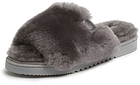 Dearfoams Womens Fireside Cairns Shearling Easy On/Off Slide Sandal Slipper, Grey, 10 US